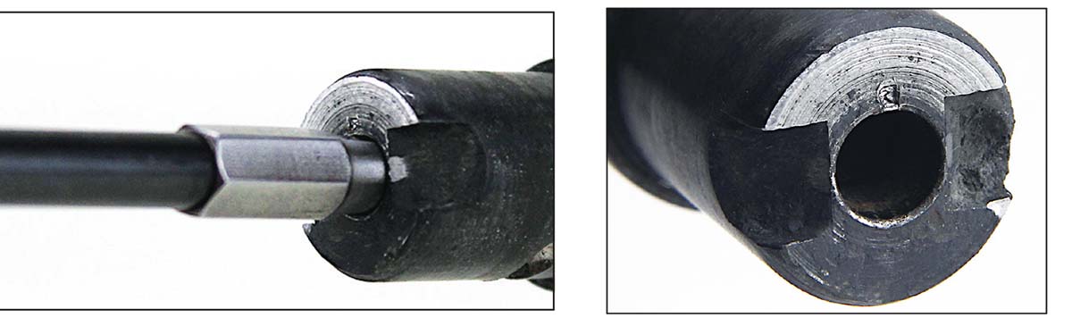 Insert the ChamberMade (above) and apply pressure while turning – the peened metal is ironed (right) and you’re back to shooting again.